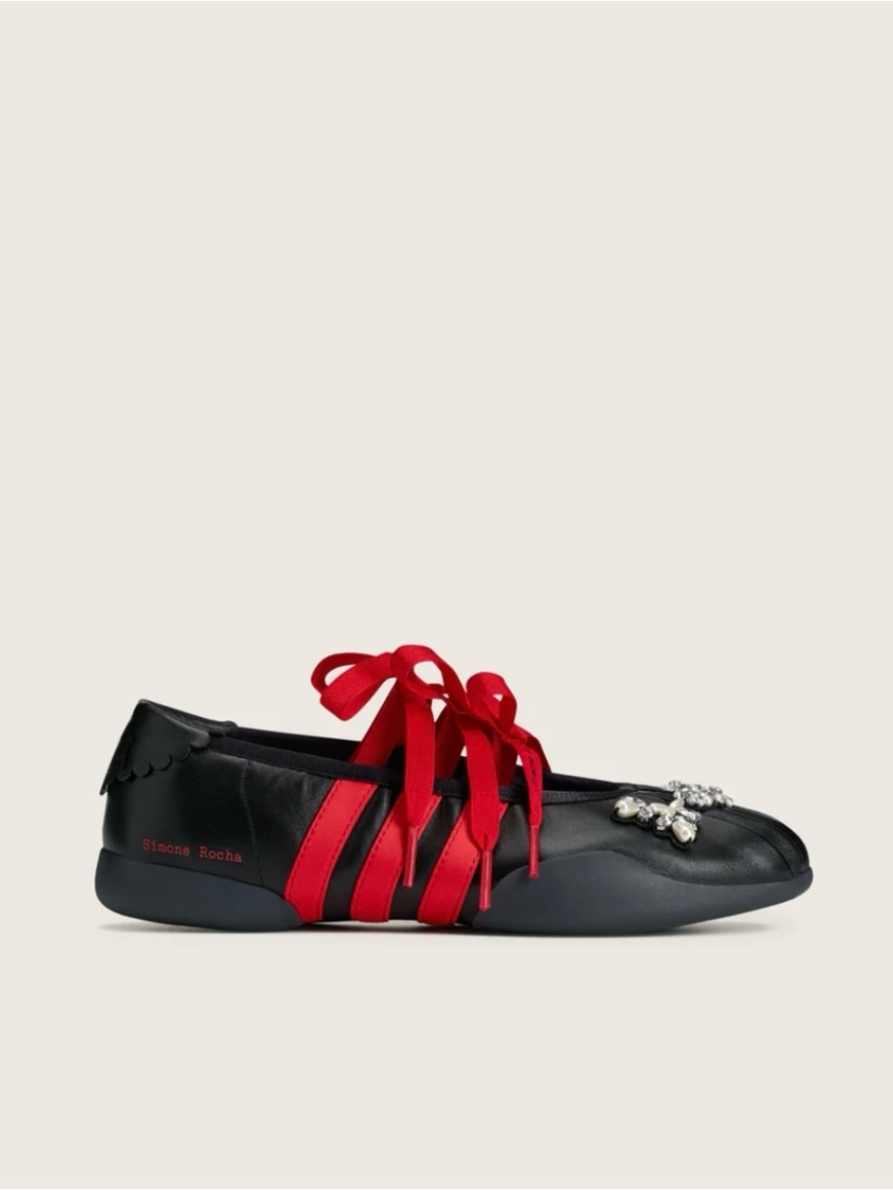 Simone Rocha x adidas Black Leather Ballet Flat with Red Ribbon Straps